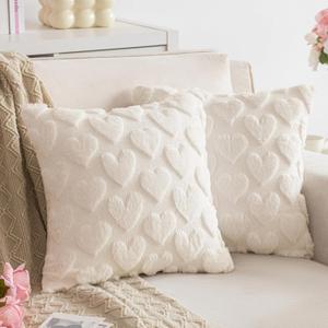 AQOTHES White Valentines Throw Pillow Covers 18x18 inch Set of 2 Valentine's Day Decor Faux Fur Love Heart Throw Pillows for Sofa Couch Living Room Holiday Festivals Decoration