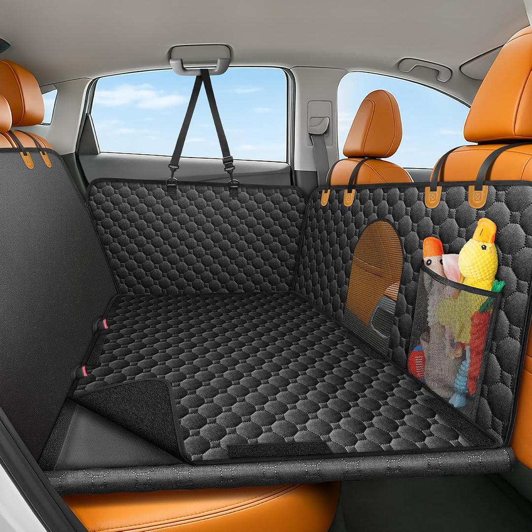 Mancro Hard Bottom Car Seat Cover for Dogs, Durable Back Seat Extender with Washable Pad, Waterproof Scratch-Resistant Car Hammock Seat Protector for Dogs, Supports 400 lbs, Fits Cars, SUVs & Trucks