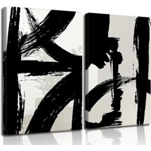 Black and White Brush Stroke Canvas Wall Art Modern Abstract Minimalist Ink Line Painting Picture Mid Century Geometric Prints Poster Retro Graffiti Artwork for Office Home Decor 16x24in