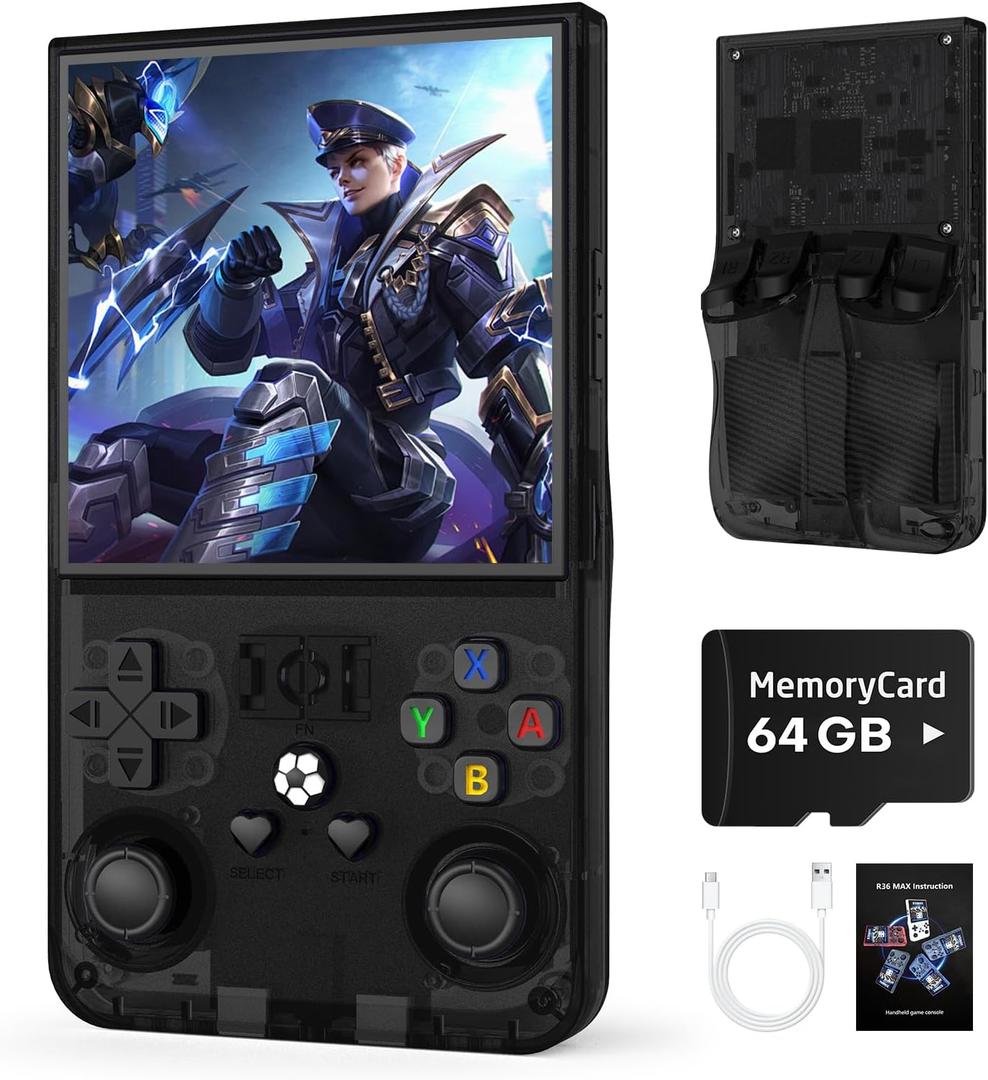 R36MAX Retro Handheld Game Console, 64GB Retro Gaming Console with 4.0 Inch Screen, Open Linux System (Transparent Black)