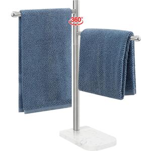 BathAce Hand Towel Holder, F-Shape Hand Towel Stand with Marble Base, Stainless Steel Swivel Hand Towel Rack Standing Towel Bar for Bathroom Kitchen Countertop, 2 Arms (Brushed Nickel)