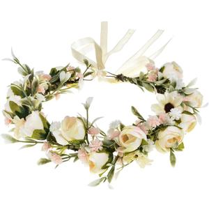 Floral Fall Camellia Flower Crown Rose Headpiece Wedding Bridal Flower Girl Halo Maternity Photo Props FL-03 (Ivory Flower With Babysbreath)