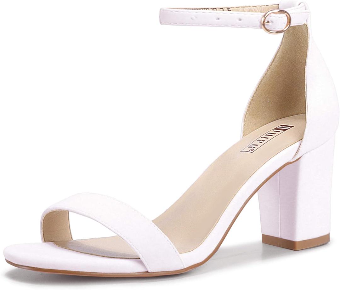 IDIFU Women's Cookie-MI Block Heels Sandals 3 Inch Chunky Open Toe Ankle Strap Wedding Dress Pump Shoes (White PU, 6 B(M) US)