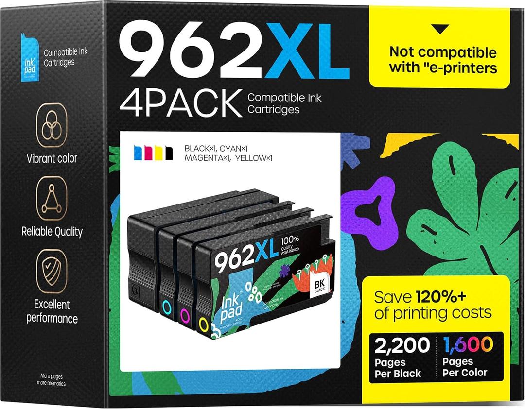 962XL Ink Cartridges Combo Pack Compatible for HP Ink 962XL 962 Black and Color Combo Pack Replacement for HP Officejet Pro 9010 9015 9016 9018 9020 9025 Printers, No e Series Printer (4 Pack)