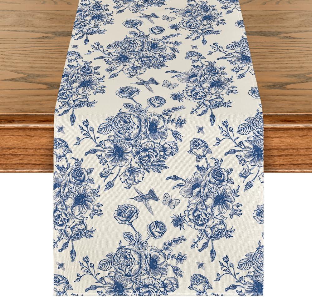 Artoid Mode Spring Navy Blue Floral Chinoiserie Table Runner, Seasonal Summer Kitchen Dining Table Decoration for Home Party Decor 13x72 Inch