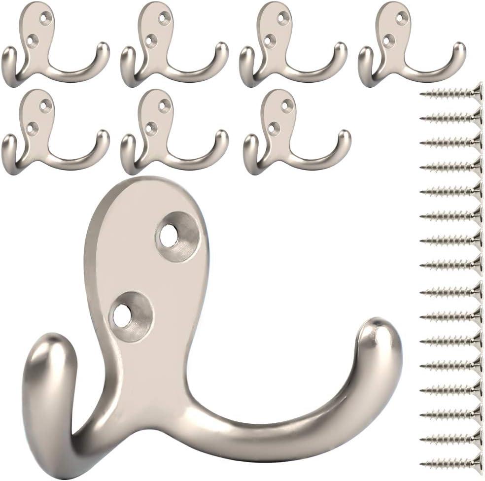 IBosins 8 Pack Heavy Duty Double Prong Coat Hooks Wall Mounted with 16 Screws Retro Double Hooks Utility Hooks for Coat, Scarf, Bag, Towel, Key, Cap, Cup, Hat (8 Pcs Silvery)