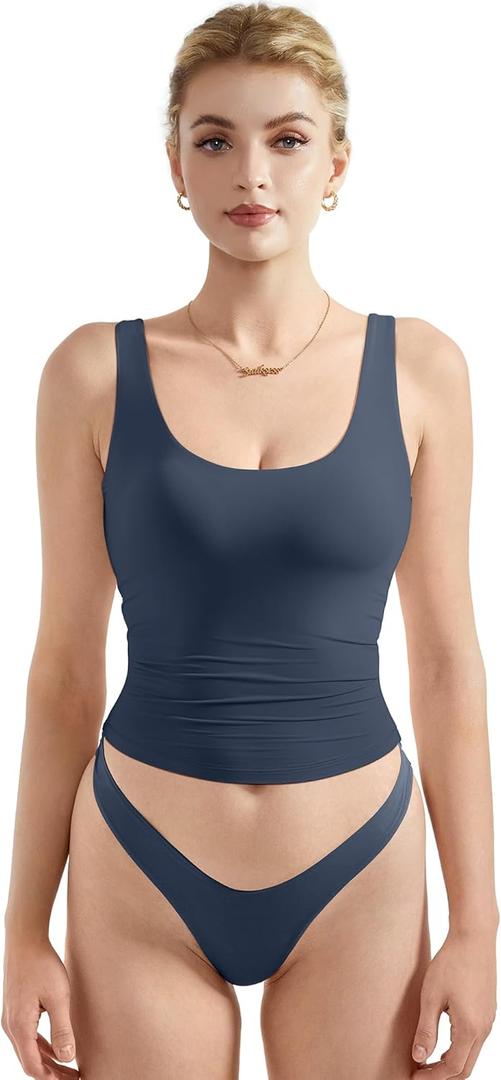 SUUKSESS Women Scoop Neck Tank Top Summer Sleeveless Going Out Double Lined Basic Tops (Small, 01 Navy Blue)