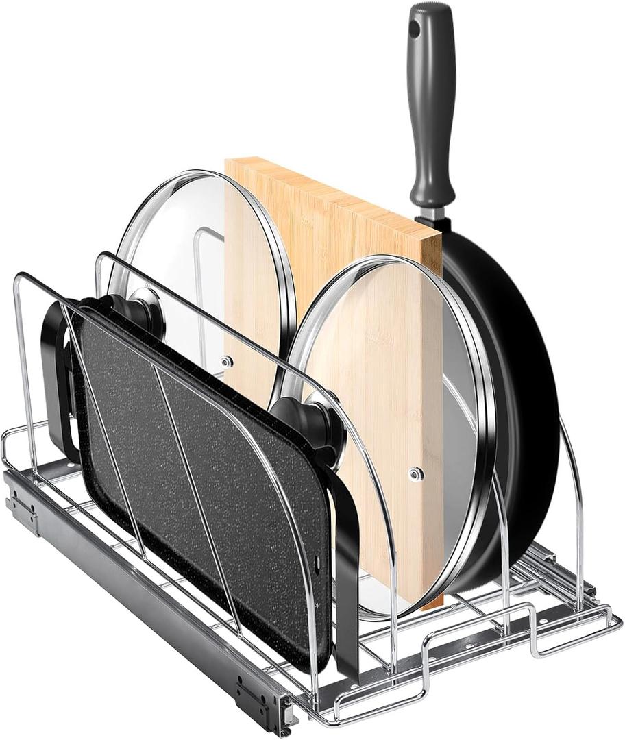 VEVOR Pan and Pot Rack, Expandable Pull Out Under Cabinet Organizer, Cookie Baking Pans tray Organization, Adjustable Wire Dividers, Steel Lid for Kitchen Cabinet & Pantry, 8.5"W