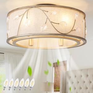 Caged Flush Mount Ceiling Fans with Lights, 20" Gold Boho Ceiling Fan, Low Profile Crystal Ceiling Fan with Light Remote Control, Small Mid Century Bladeless for Bedroom(6 E12 Bulb Include)
