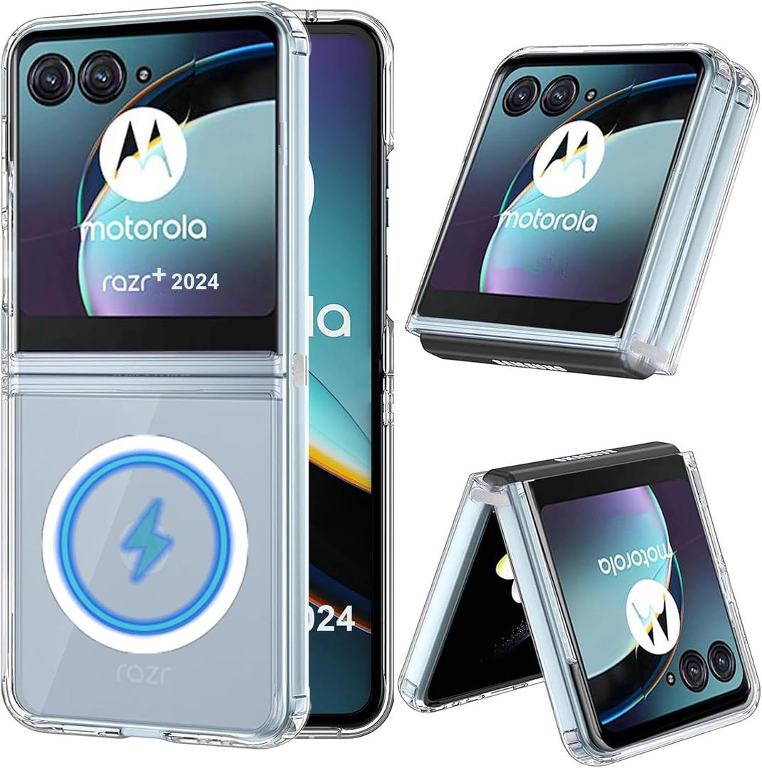 for Moto Razr Plus 2024/2025 Case, Motorola Razr+ 2025/2024 Magnetic Phone Cover Compatible with MagSafe, Built-in Metal Fastener [Prevents Case Slipping Out], Anti-Yellow Protection (Clear)