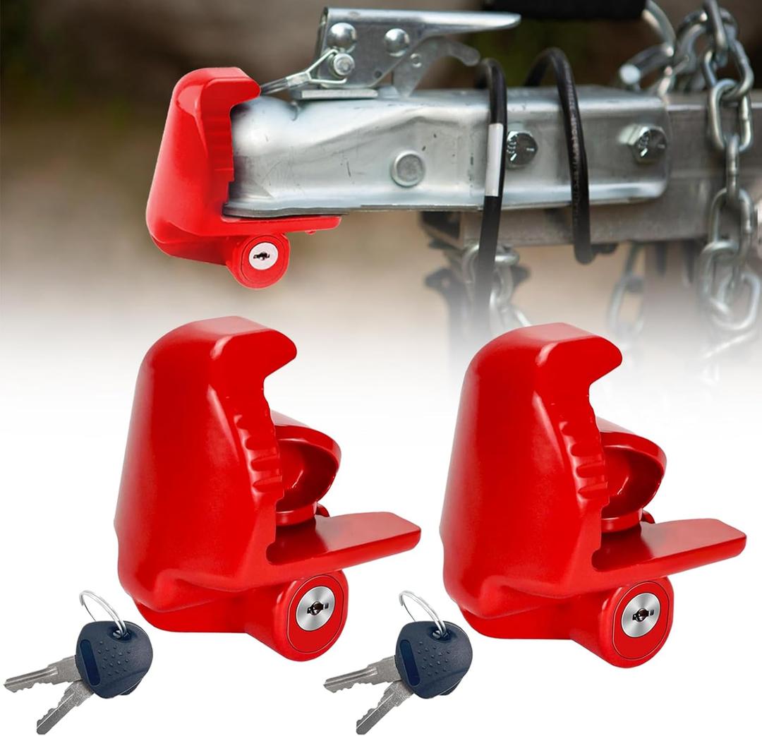 Trailer Hitch Locks with Keys, Fits 1-7/8 2-5/16 2 Inch Ball Hitch Lock Coupler Adjustable Tongue Lock Heavy Duty Steel for Vehicle Trailer Boat and RV, Anti-Theft Hitches, Red-2 Pack-Not Keyed Alike