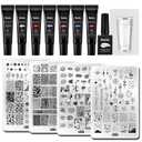 Stamping Gel Nail Stamper Plates Design Kit, 7 Colors Nail Stamping Polish Gel 8ml+ Silicone Nail Stamper Scraper Set+ 4 Nail Stamp Plate Star Moon Flower Leopard Girl Design Templates + 12ml Top Coat