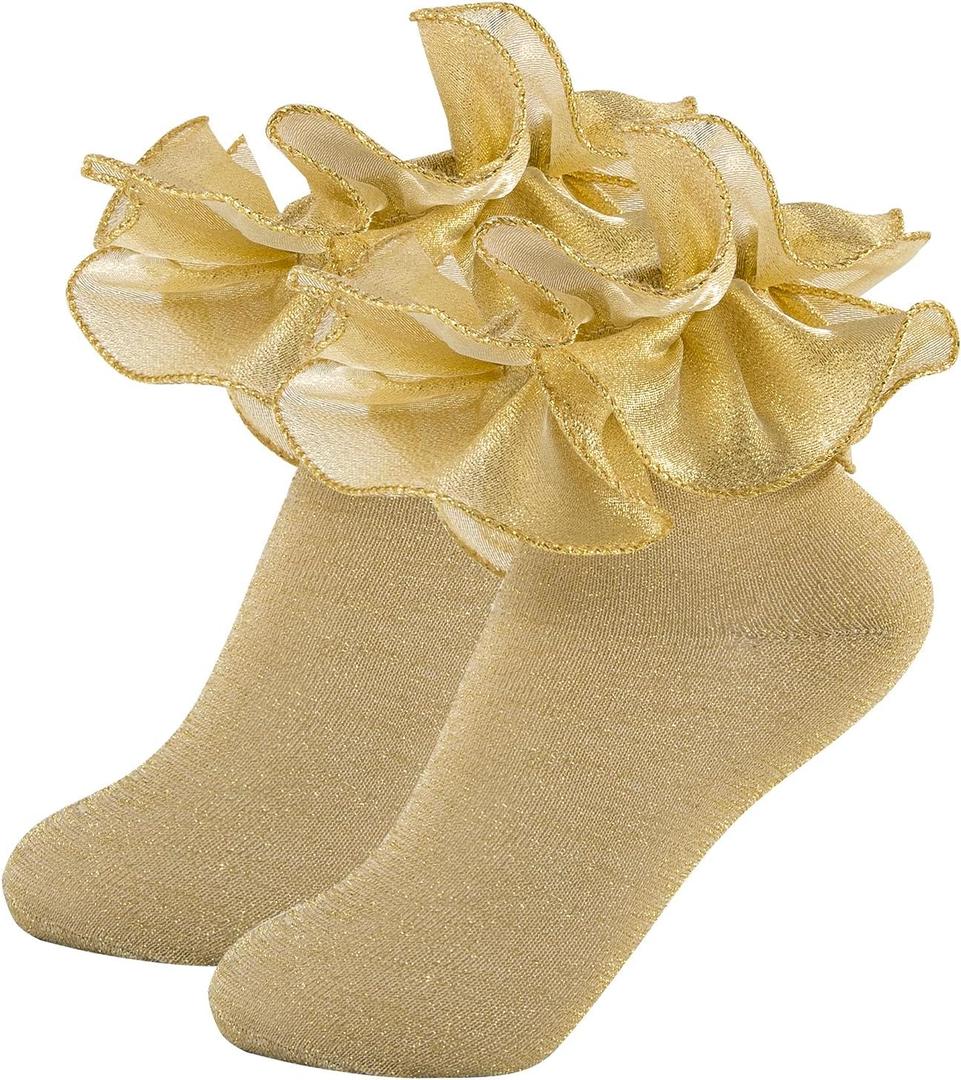 White Girls Ruffle Socks Gold Shimmering Big Double Layer Lace Sock Ruffles Frilly Dress Socks for Baby Toddler Girl (1-3T, Gold Glittery - 2 Pairs)