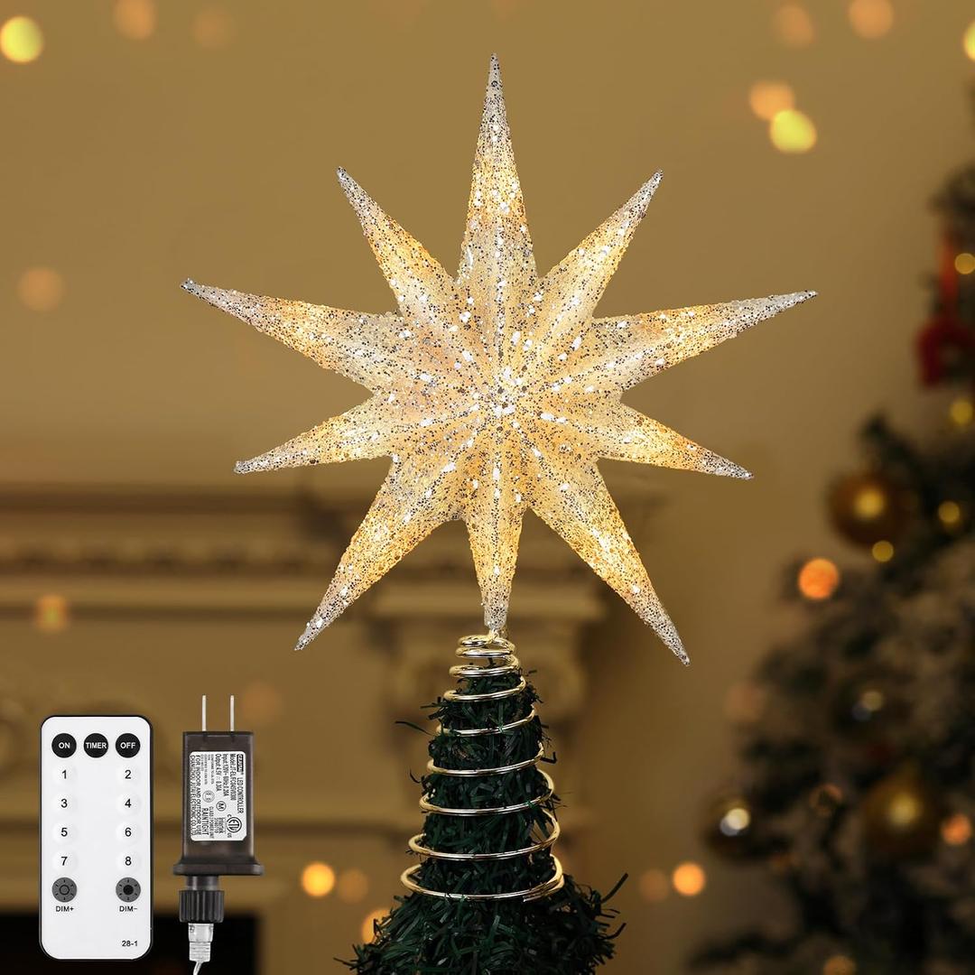 Lewondr Christmas Tree Topper Star, 13inch 10-Point Light Up Xmas Star Treetop with Plug and Remote Control for Home Christmas Decoration, 6H Timer & 8 Lighting Modes, Warm Light, Silver
