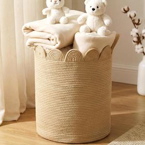 LemonRoad Brown Round Tall Basket Large Blanket Basket 15" L X 15" W X 19.7" H Scalloped Woven Baskets Cotton Storage Baskets for Nursery Classroom Closet Blankets Storage Home Decor