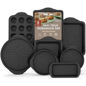 BAKKEN 8-Piece Kitchen Oven Baking Pans Set - Deluxe Nonstick Gray Marble Coating, Professional Grade Carbon Steel Bakeware with Silicone Handles - Oven, Dishwasher, and Freezer Safe