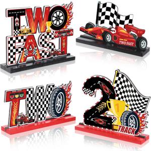 4Pcs Fast Two Birthday Decorations for Boys Race Car 2nd Birthday Wooden Table Centerpieces Two Year Old Let's Go Racing Birthday Party Decorations Happy 2nd Birthday Table Sign Party Supplies