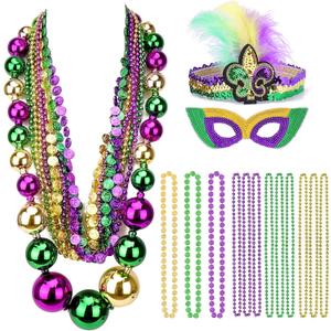 SelfTek Mardi Gras Jumbo Ball Beads Necklaces Set, with Mardi Gras Headband and Mask, Mardi Gras Beads Bulk, Carnivals Masquerade Costume Party Accessories for Women (15Pcs)