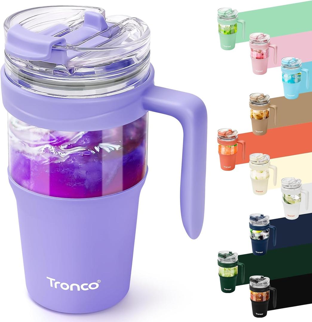 Tronco 32oz Glass Tumbler with Straw and Lid, Leakproof 2-in-1 Sip and Flip Straw Lid, Glass Water Bottles with Handle, Fit in Cup Holder, BPA Free, Dishwasher Safe (Purple)