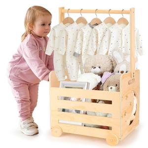 Wooden Baby Shower Crate Closet with Wheels & Higher Handle, Pushable Baby Shower Gifts Baby Basket, Wooden Crate for Storage, Personalized Baby Gifts for Newborn Boy Girl New Parent, 28" x 13.6" x 9" (Natural + No Flower + No Hangers)