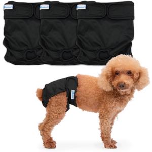 Paw Inspired Washable Dog Diapers (3 Pack) | Reusable Cloth Doggy Diapers for Female Small, Medium, Large Size Dogs (Black with Black Lining, Size Small)