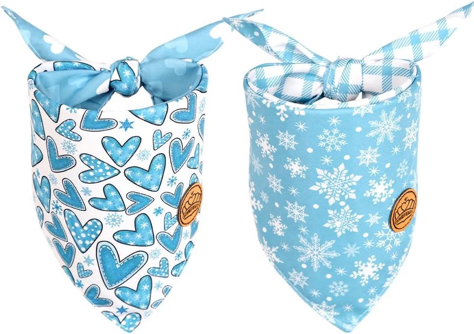 CROWNED BEAUTY Winter Dog Bandanas Reversible Small 2 Pack, Winter Hearts Set, Blue Plaid Adjustable Triangle Snowflakes Holiday Scarves for Dogs Cats Boy Girl Pets, Small