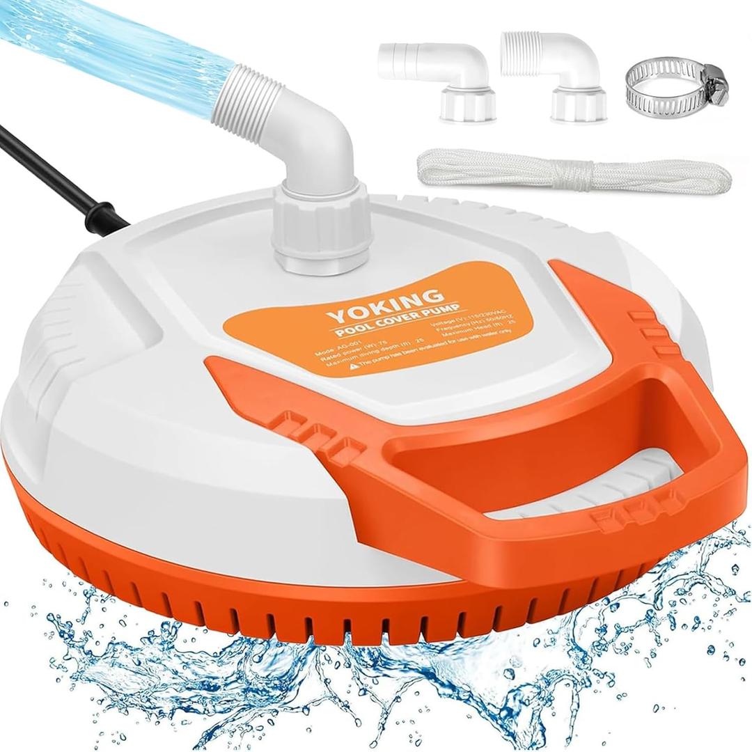 YOKING Automatic Pool Cover Pump, 1/4 HP 1500GPH Swimming Pool Submersible Water Sump Pump, 115/230V with 26ft Power Cord and 2 Adapters Water Removal for Pool, Hot Tub, Pond (White)