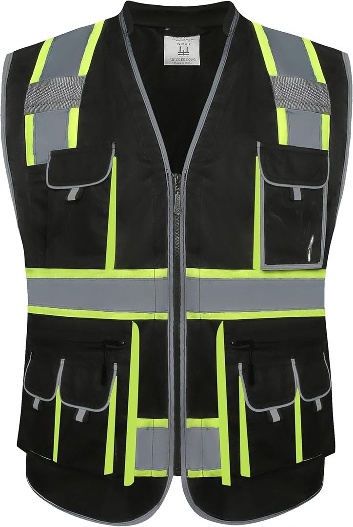 JKSafety 10 Pockets Hi-Vis Zipper Front Black Safety Vest | Cushioned Collar | High Reflective Tapes with Extended Neon Yellow Strips | Meets ANSI/ISEA Standards (XX-Large, Black)