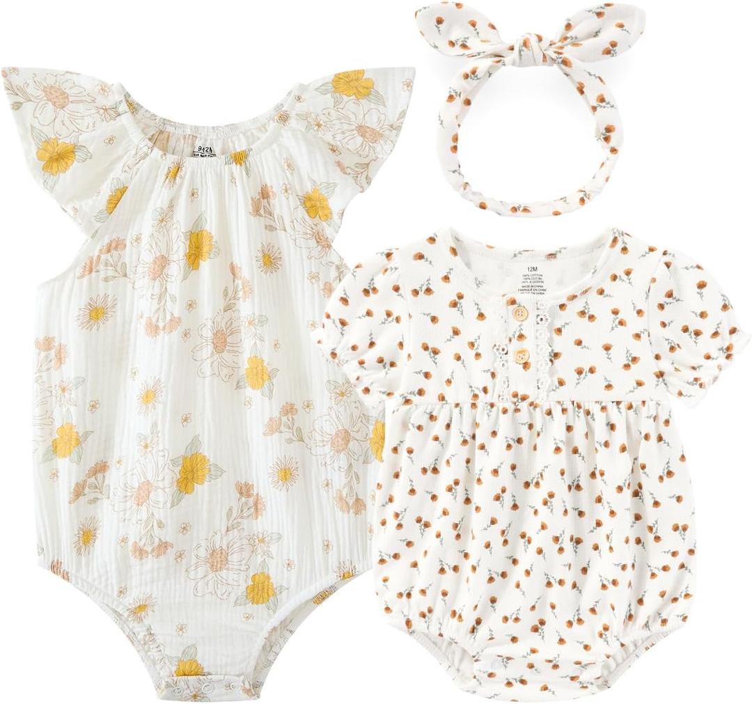 Baby Girl Bodysuit and Headband Outfit Cotton Ruffle Sleeveless Baby Clothes (12-18 Months, Beige Flowers)