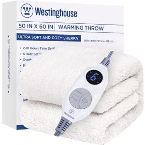 Westinghouse Electric Blanket Throw Size, Soft Plush Sherpa Heated Blanket with 6 Heating Levels & 2-10 Hours Auto-Off, Machine Washable, 50x60 inches, Ivory