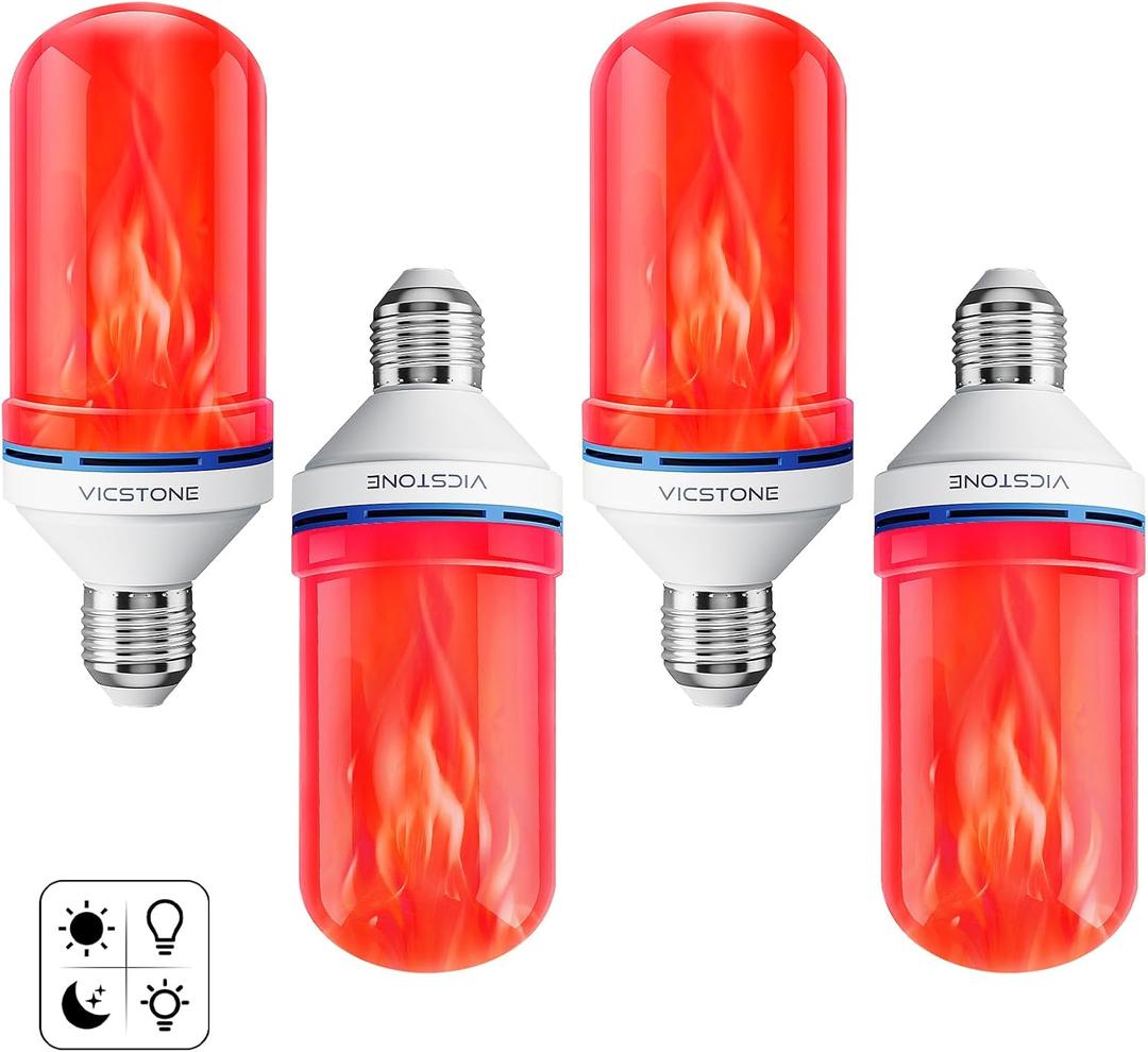 Vicstone Dusk to Dawn LED Flame Light Bulbs Outdoor, 4 Modes E26 Flickering Light Bulbs with Upside Down Effect, Fire Bulb for Halloween Christmas Patio Porch Party Home Indoor Decorations - 4 Red