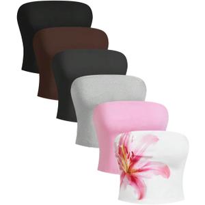 SOLY HUX Women's 6 Piece Tube Top Strapless Sleeveless Slim Fit Solid Bandeau Crop Tops (Multicoloured Floral, XL)