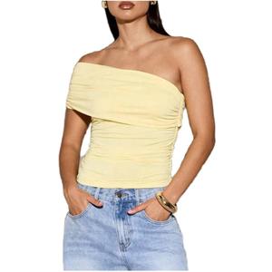 Milumia Women's Ruched Off The Shoulder Tops Y2K Asymmetrical Neck Sleeveless Tank Top (Medium, Yellow Plain)