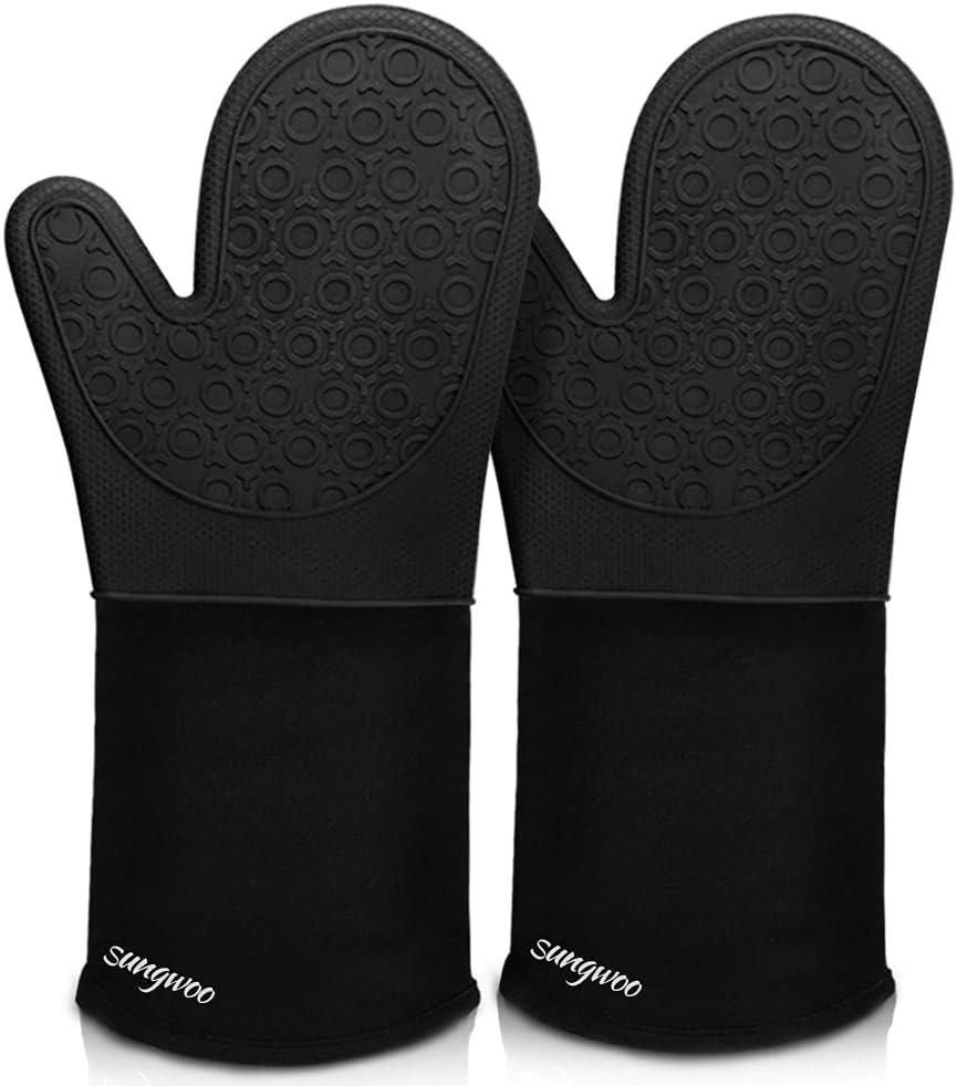 Sungwoo Extra Long Silicone Oven Mitts, Heat Resistant Oven Gloves with Quilted Liner Non-Slip Textured Grip Perfect for BBQ, Baking, Cooking and Grilling - 1 Pair 14.6 Inch Black