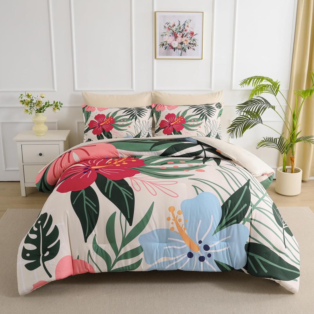 Yogeneg 7 Piece Bed in a Bag King Size Comforter Set Beige Bedding Set,Pink Floral Green Leaves Pattern Reversible Design,Soft Microfiber Comforter with Sheet Set,All Season(Beige,King)