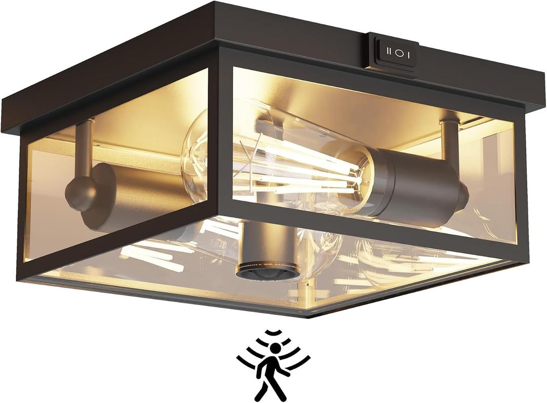 Outdoor Ceiling Light with Motion Sensor, Flush Mount Porch Light, Exterior Light Fixture with Clear Glass, Dusk to Dawn 2-Light Fixture for Patio,Porch (10.5 in)