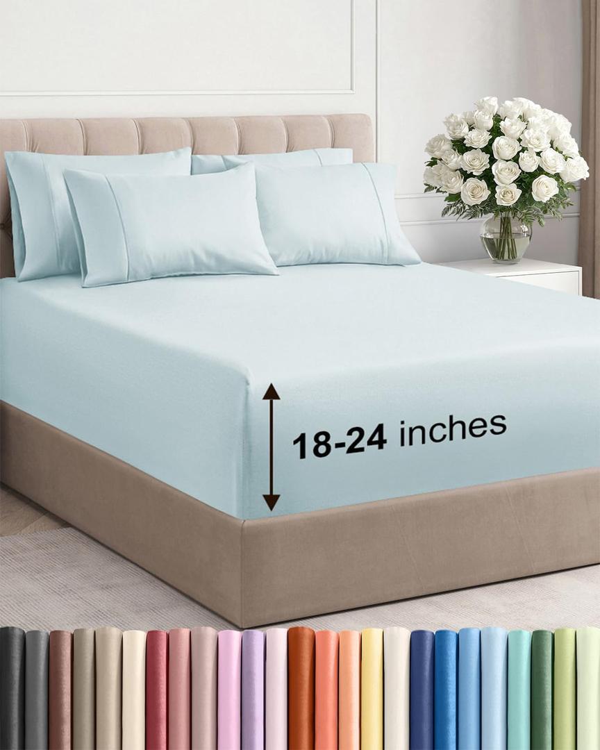Extra Deep Full Sheet Set - 6 Piece Breathable and Cooling Sheets - Hotel Luxury Bedding for Women, Men, Kids & Teens - Easy & Secure Fit - Soft, Wrinkle Free and Comfy - Extra Deep Pockets - Ice Blue