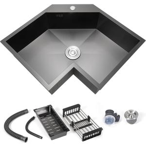 Corner Kitchen Sink 25 Inch, Black Butterfly Sink, 304 Stainless Steel Corner Sink Drop In Undermount Workstation Sink with Drain Rack, Tray & Sound Dampening, 24x9x24 inches
