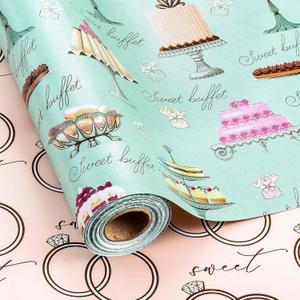 Retrify Reversible Wrapping Paper Roll - 17 Inch X 32.8 Feet - Colorful Cakes Diamond Ring Design Wedding Gift Wrap Paper for Bridal Shower, Engagement, Party, Celebration