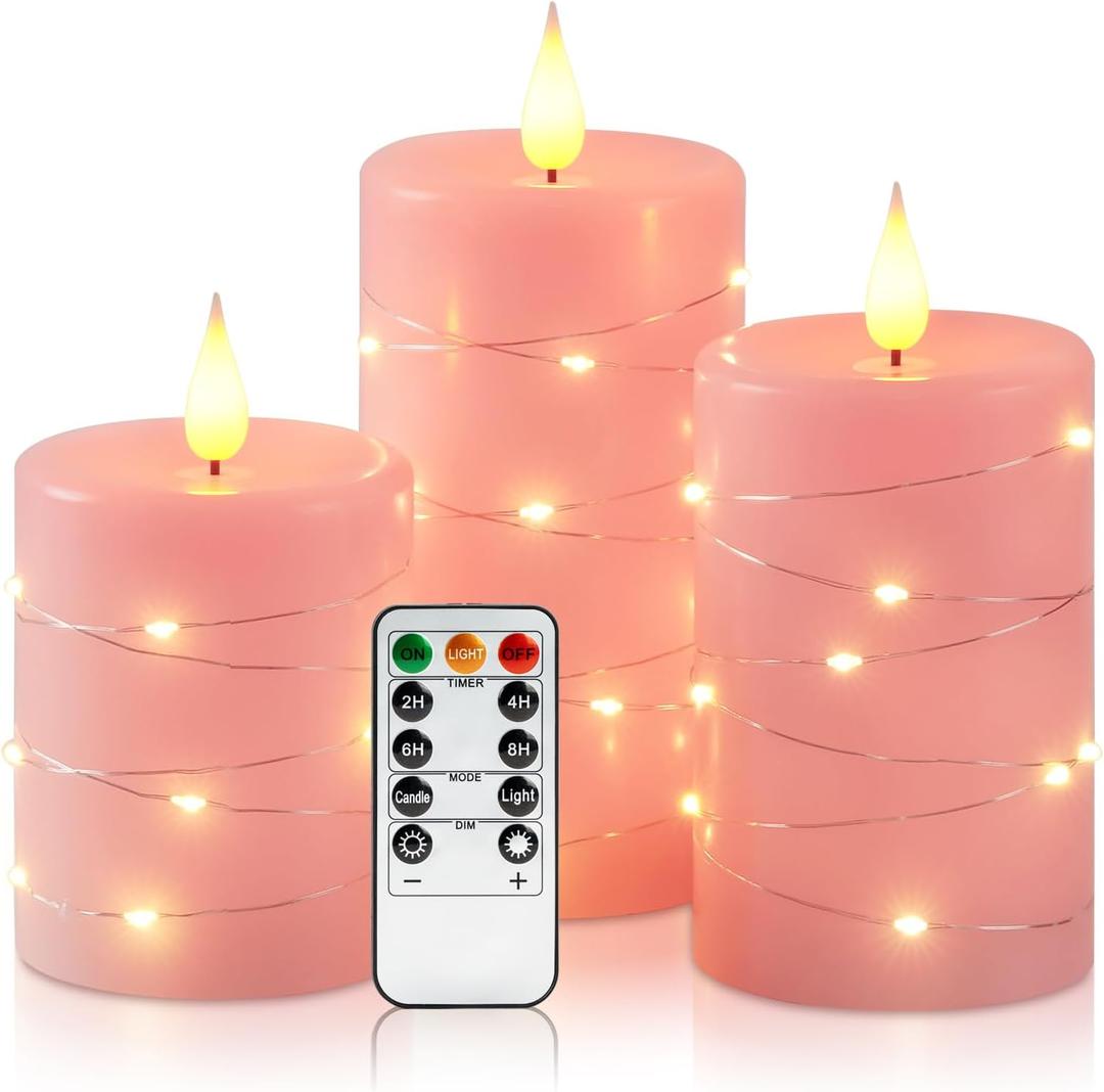 Amagic Flameless Candles with Embedded String Lights, 11-Key Remote & Timer, 3D Wick Real Wax Battery Operated Flickering Led Pillar Candles for Home, Lantern Decor, Set of 3, Pink