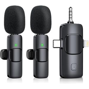 Mini Microphone, 3 in 1 Wireless Lavalier Microphones for iPhone, iPad, Camera and Android Devices, Noise Reduction Lapel Mic, Clip on Mic for Video Recording Vlog, Graphite Black
