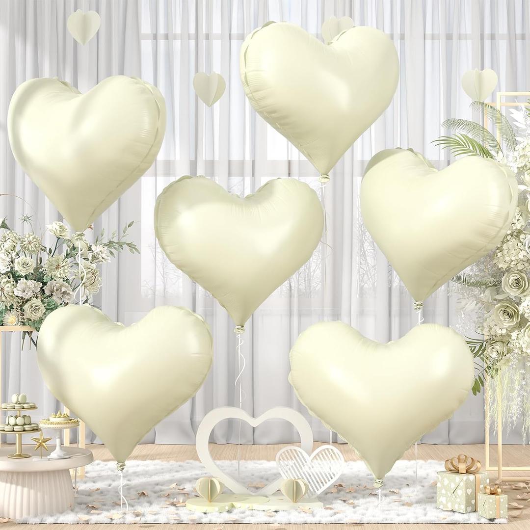 Cream White Heart Balloons,6Pcs 24 Inch Large White Heart Foil Balloons for Valentine's Day Birthday Wedding Engagement Bridal Showers Anniversary Party Decorations