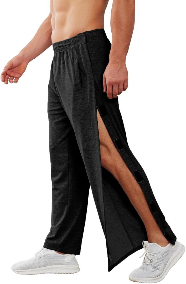 Deyeek Men's Tear Away Pants 2 Side Snap Open Bottom Sweatpants Loose Fit Casual Post Surgery Pants with Pockets (X-Large, Black)