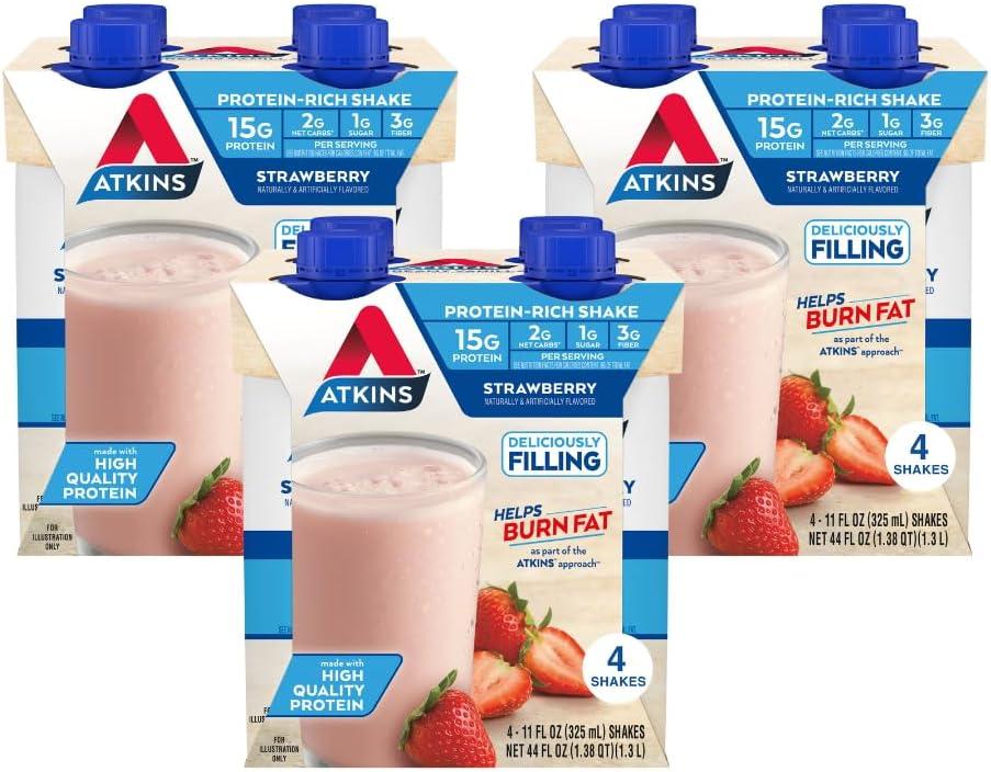 Atkins Strawberry Flavored Protein Shake, High Protein, Low Glycemic, Low Sugar and Low Carb, Keto Friendly, Gluten Free, 12 Count BB 4/13/26