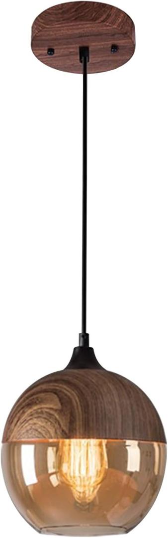 Battery operated pendant light with remote control,Wood hanging lamp fixture with rechargeable light source,Dimmable pendant light no wiring install.(With bulb+remote control+charging cable)(A)