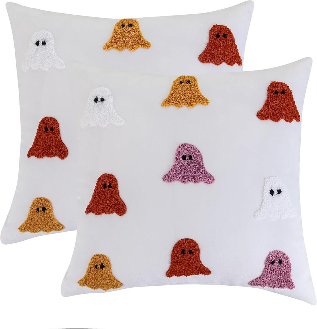 Tosleo Halloween Throw Pillow Covers 18x18 Set of 2 Happy Halloween White Spooky Ghost Orange Pillow Covers Embroidered Pillow Cases Thanksgiving Home Party Fall Decor Square Cushion Covers