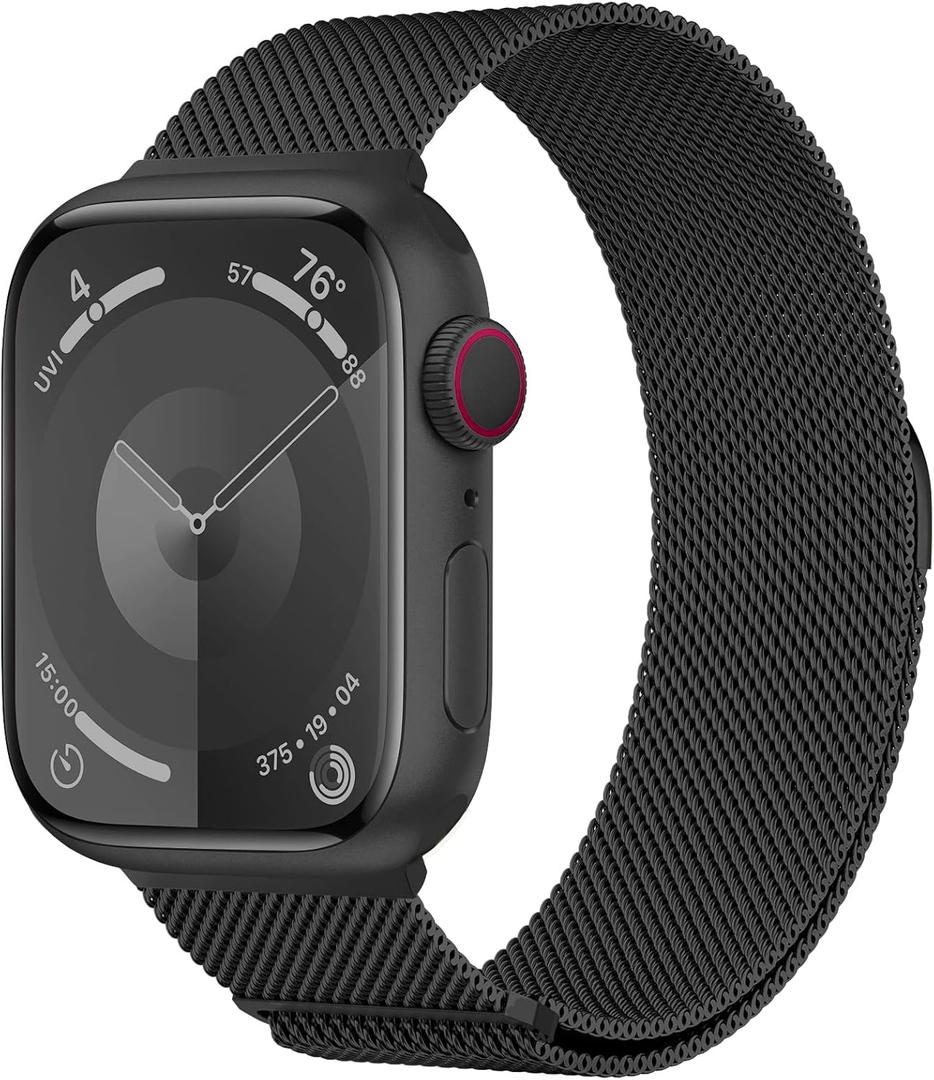 Metal Band Compatible with Apple Watch Bands 38mm 40mm 41mm 42mm 46mm 44mm 45mm 49mm Women Men,Adjustable Magnetic Stainless Steel Mesh Strap for iWatch Ultra/Ultra 2,Series 10 9 8 7 6 5 4 3 2 1 SE (Black)