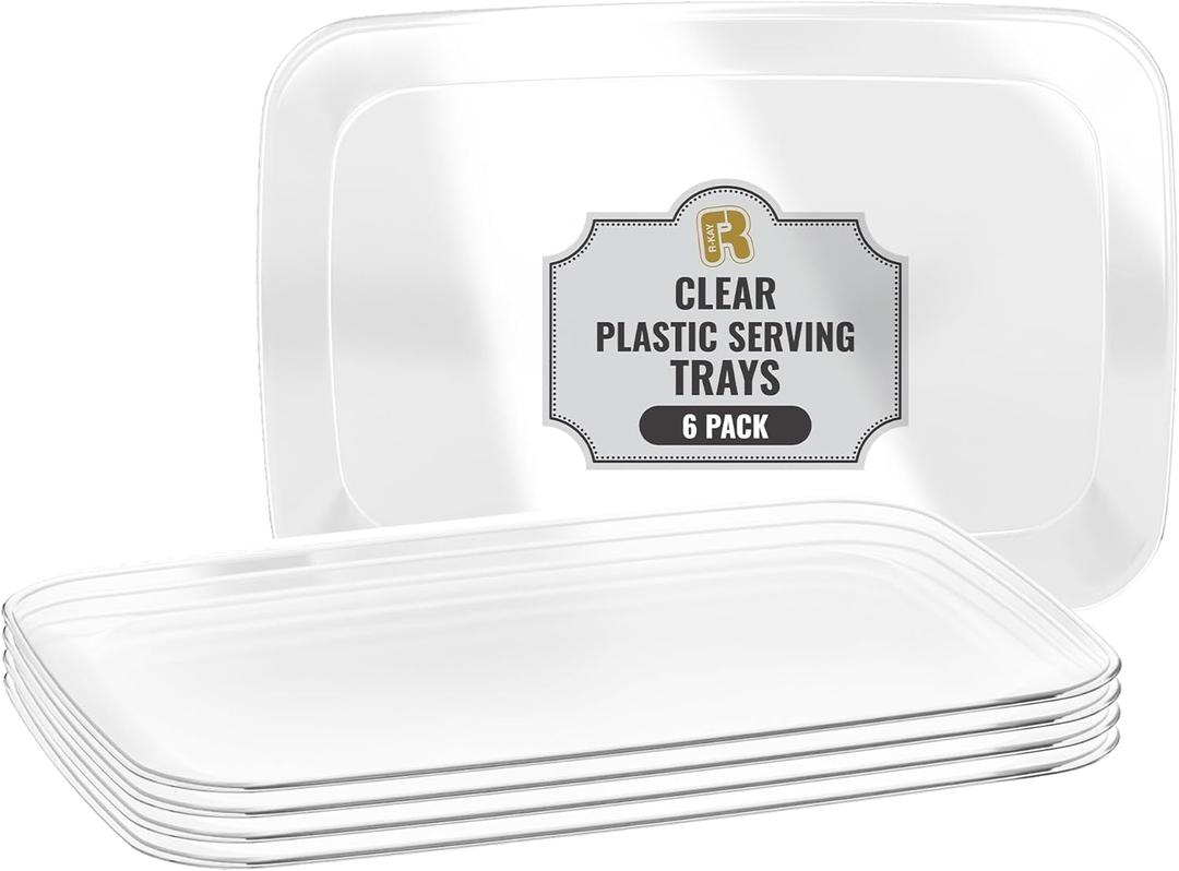 R-kay 6 Pack Clear Plastic Serving Trays For Party, 12.75 x 8.25 In - Heavy Duty Plastic Trays For Food - Rectangular Platters