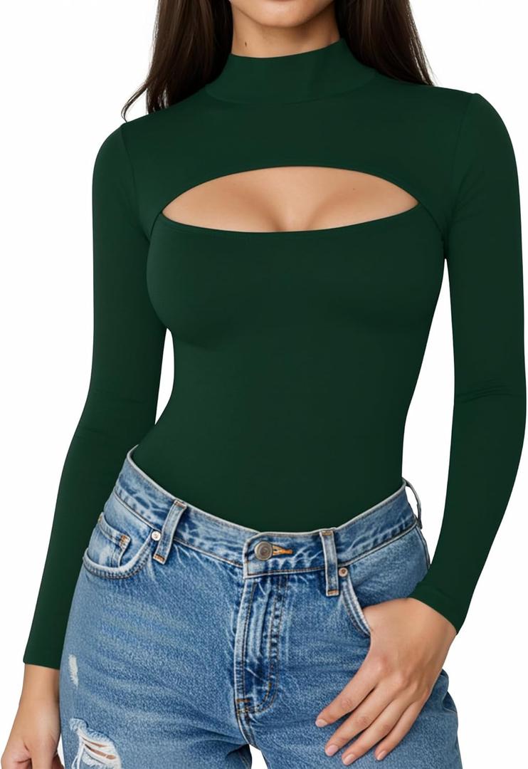 ALGALAROUND Short Long Sleeve Shirts for Women Basic Mock Turtle Neck Cut Out Tops Going Out T-Shirt Tee (Medium)