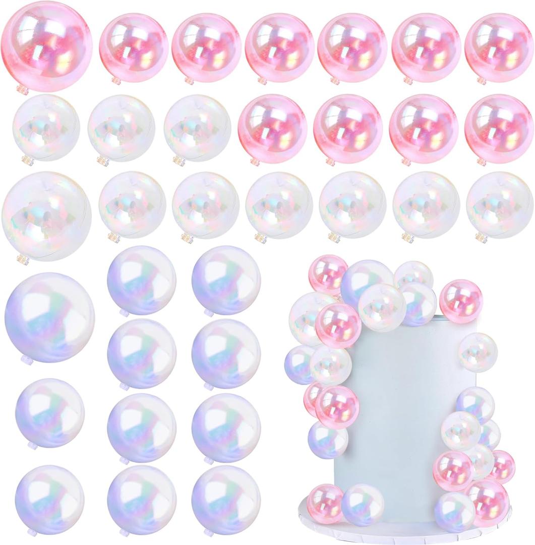 32 PCS Colorful Ball Shaped Cake Topper Pearl Balls Cupcake Cake Insert Topper for Birthday Party Wedding Decoration (White Clear Pink) (White Clear Pink and Clear)